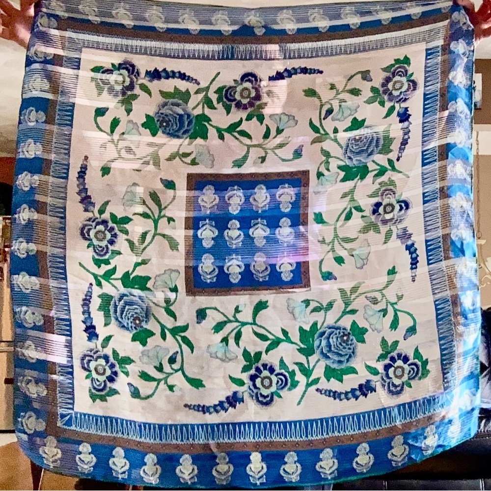 Large Square Scarf | Blue Green Purple Off White & Gold